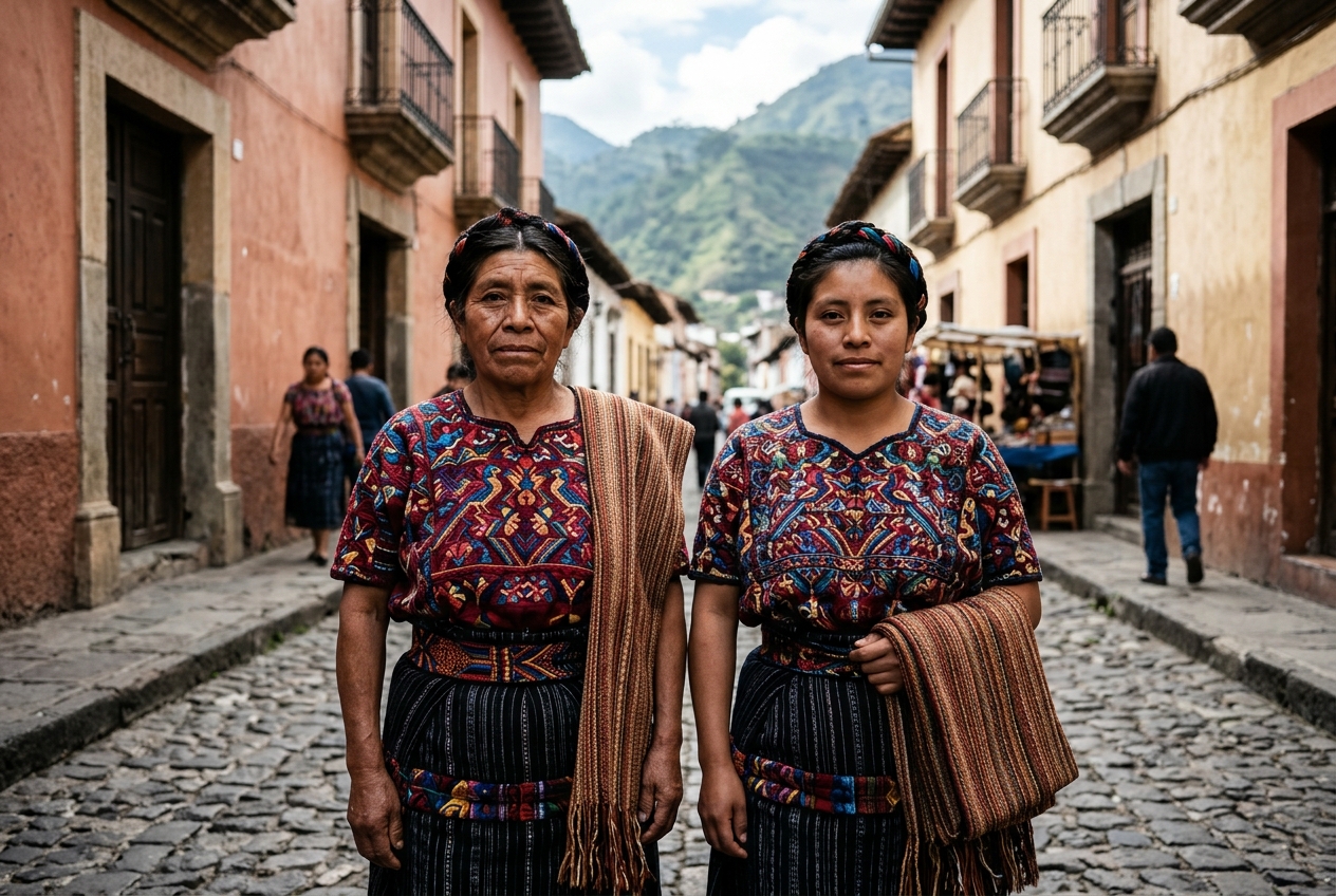 Mujeres maya K'iche' con indumentaria tradicional en Guatemala